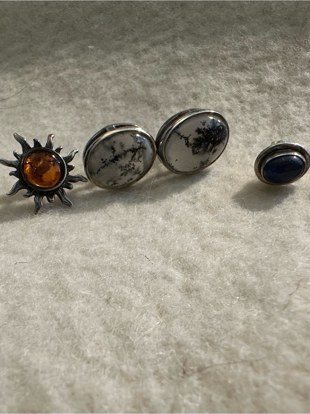 Sterling Silver Amber, Dendritic Agate and Lapis Stud Earrings